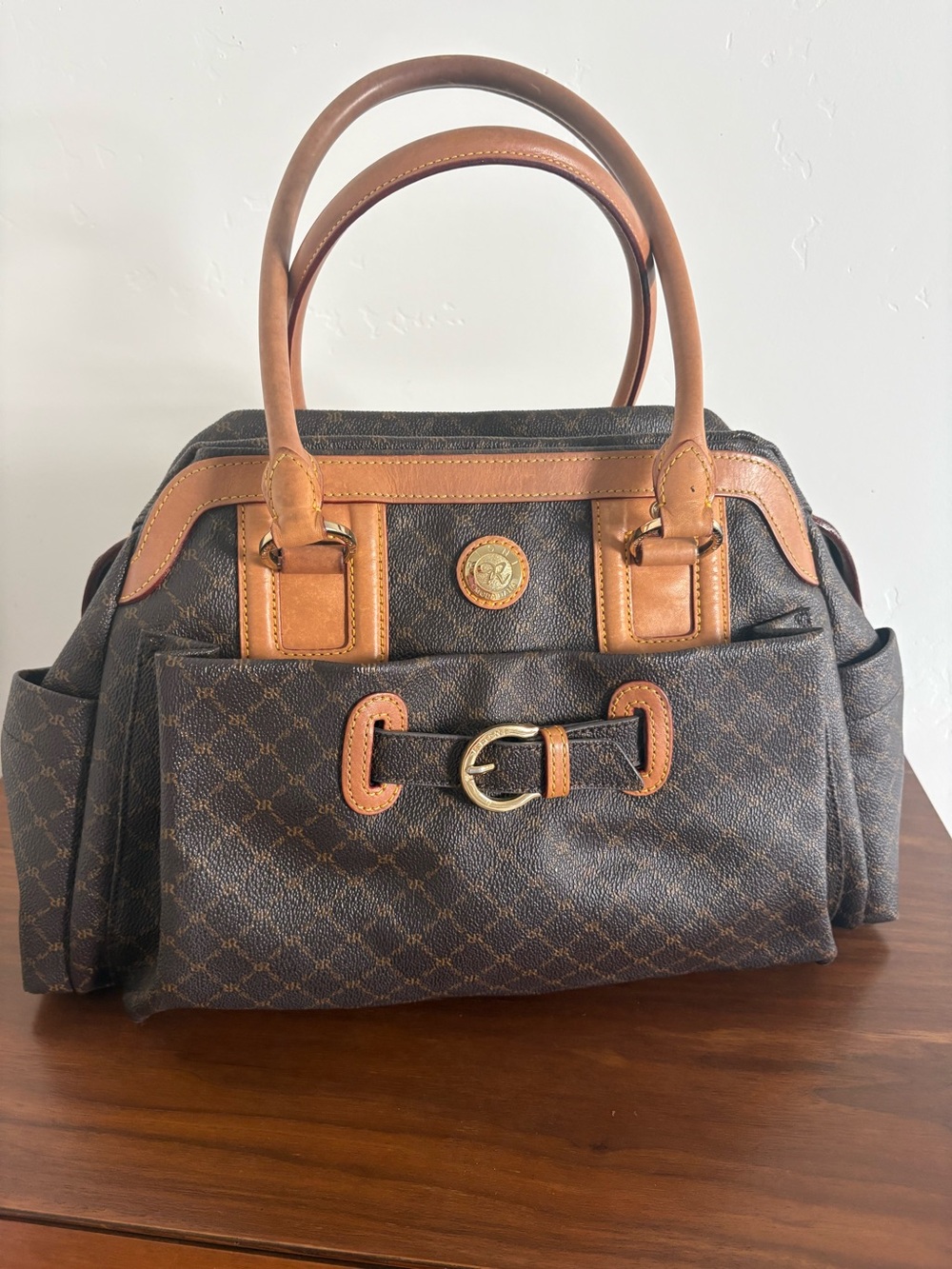 Rioni Kelly Carrier brown monogram canvas body with light brown leather trim